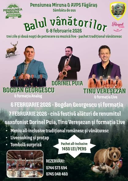Balul Vânătorilor 2026 la Pensiunea Miruna din Sâmbăta de Sus – 6 – 8 februarie 2026