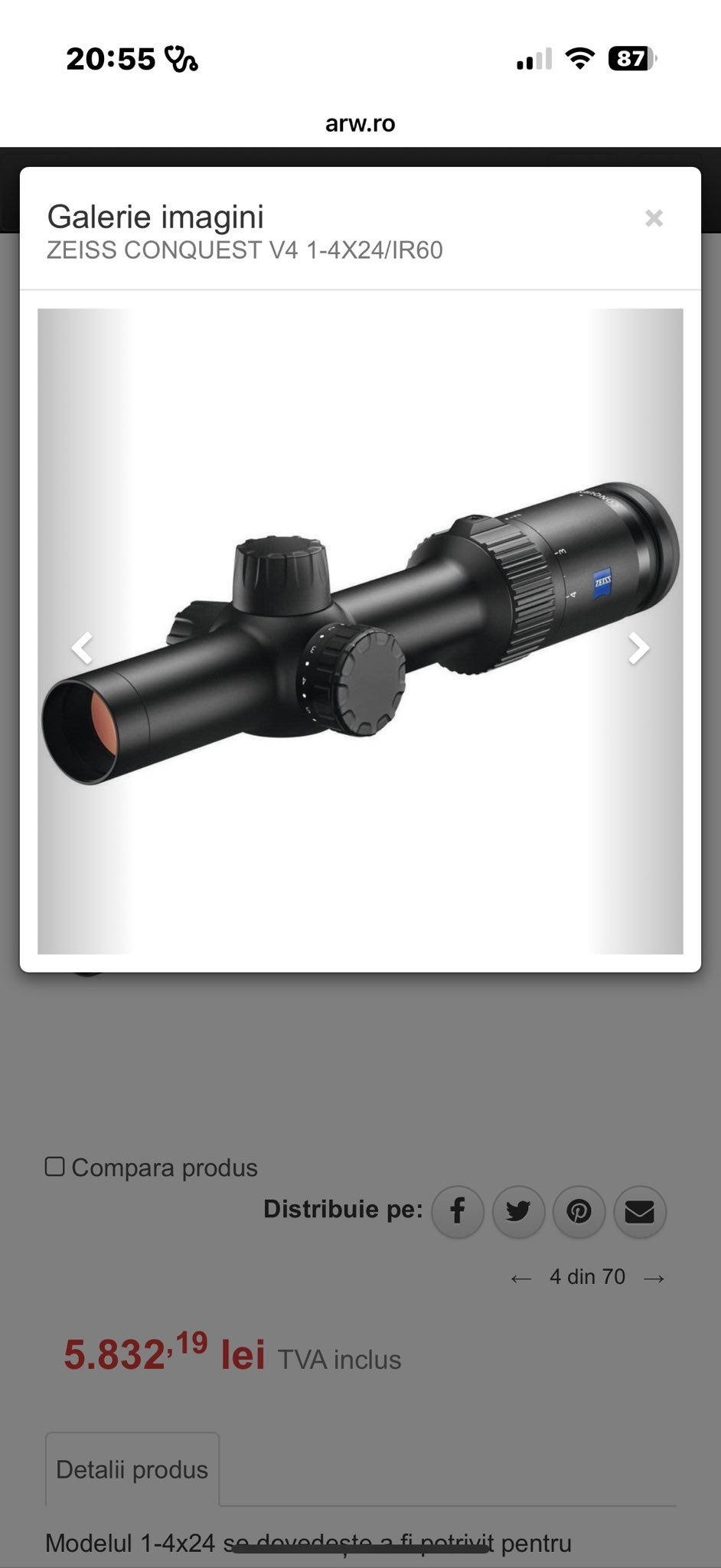 Vând lunetă de goană Zeiss conquest v4, ca nouă, folosită doar pt reglare încă în garanție. Preț 4000 lei. 0767220482