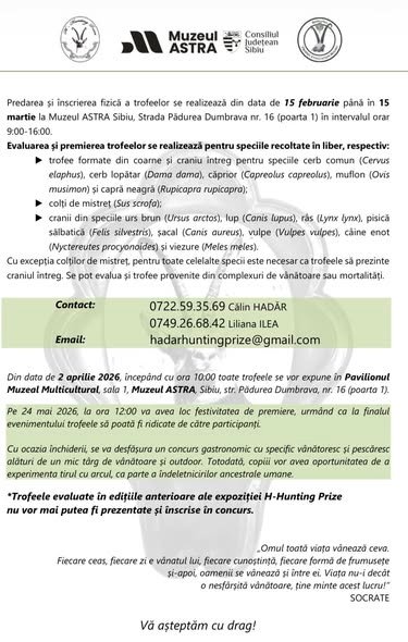 EXPOZIȚIA DE TROFEE H – HUNTING PRIZE SIBIU – 2026 2 Aprilie – 24 Mai 2026
