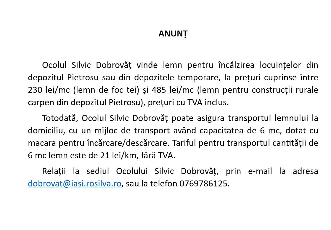 Ocolul Silvic Dobrovăț vinde lemn pentru încălzirea locuințelor