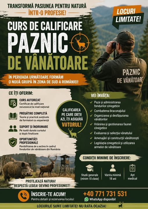 Se formează grupă nouă pentru calificarea de PAZNIC DE VÂNĂTOARE